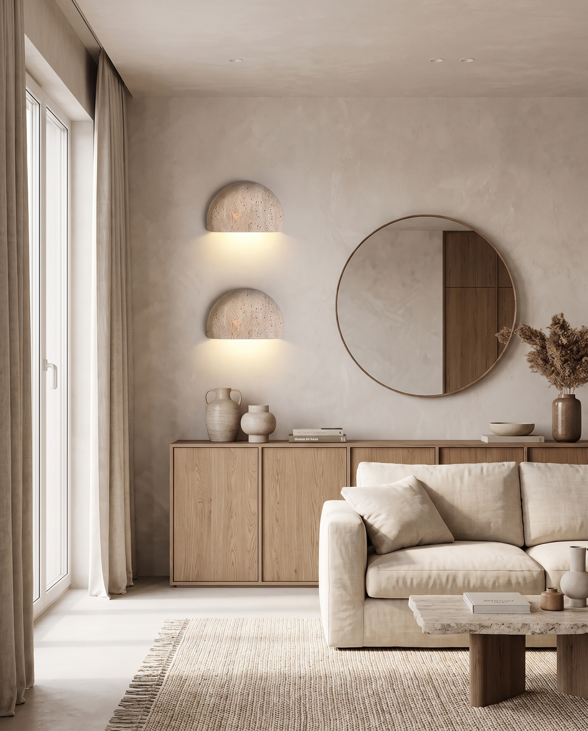 VesaLight lifestyle: Japandi Half-Moon Travertine Wall Sconce – 7.9 Inch, Natural Beige | Sora in a beautifully furnished room