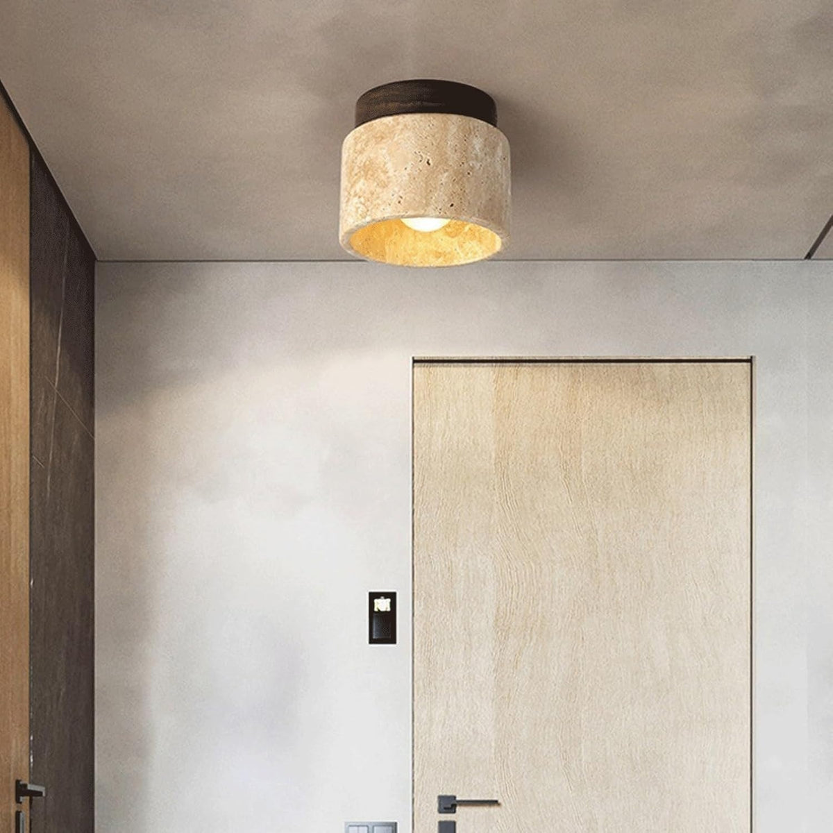 Tova travertine flush mount ceiling light in an entryway