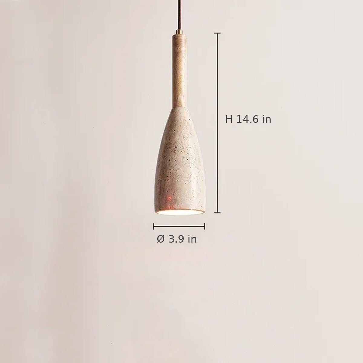 Tova pendant dimensions in inches: 14.6 in high, 3.9 in diameter, travertine with light wood