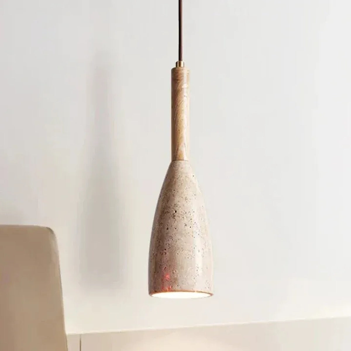 Tova travertine bottle pendant light with a light wood neck