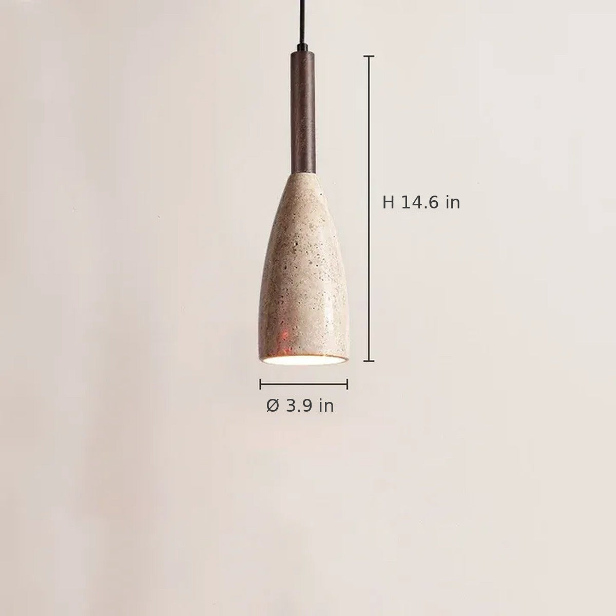 Tova pendant dimensions in inches: 14.6 in high, 3.9 in diameter, travertine with walnut