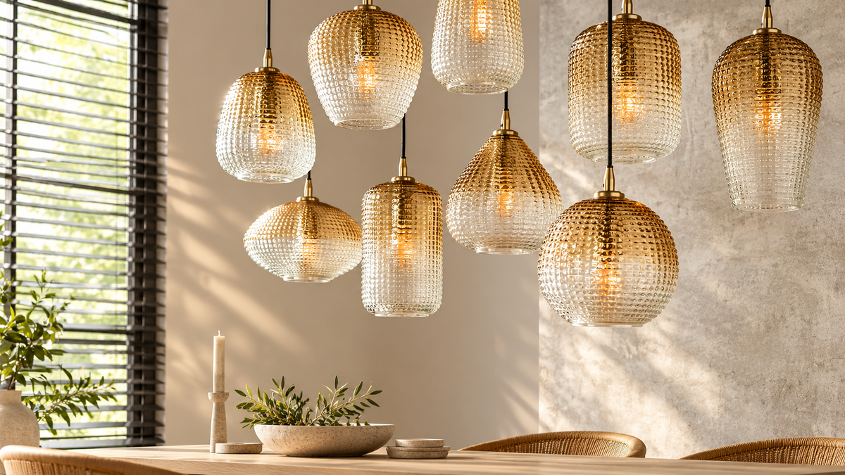 Vesalight homepage hero showing sculptural glass pendant lights in a warm neutral dining room