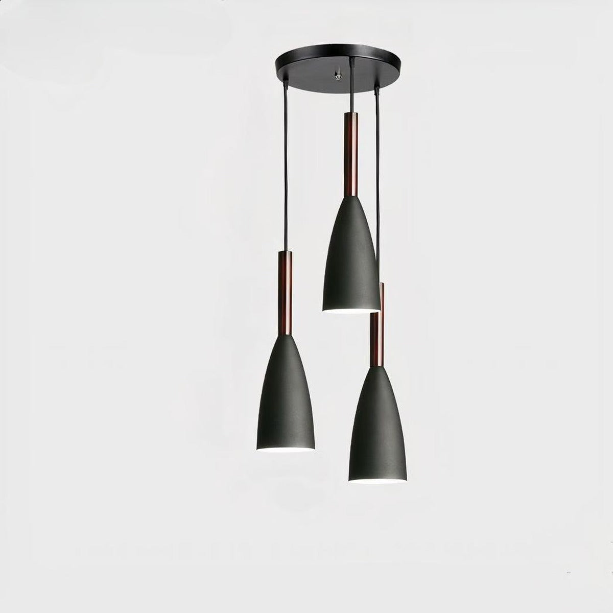 Vika 3-light round pendant in all black with wood necks on a round black ceiling plate