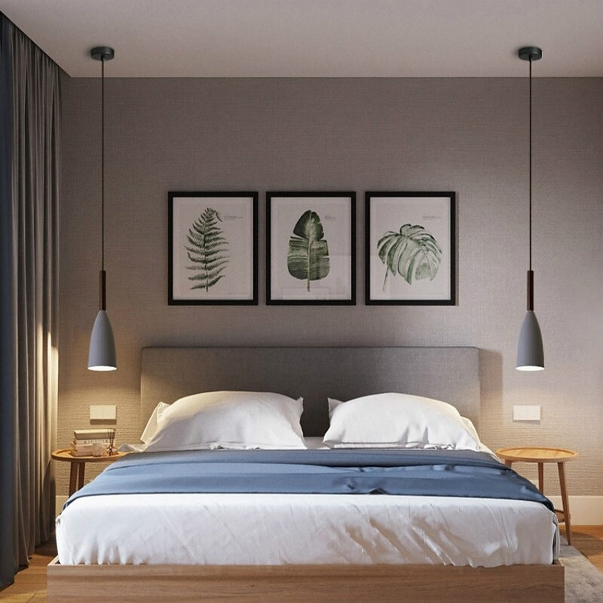 Pair of gray Vika slim pendant lights hanging on both sides of a bed