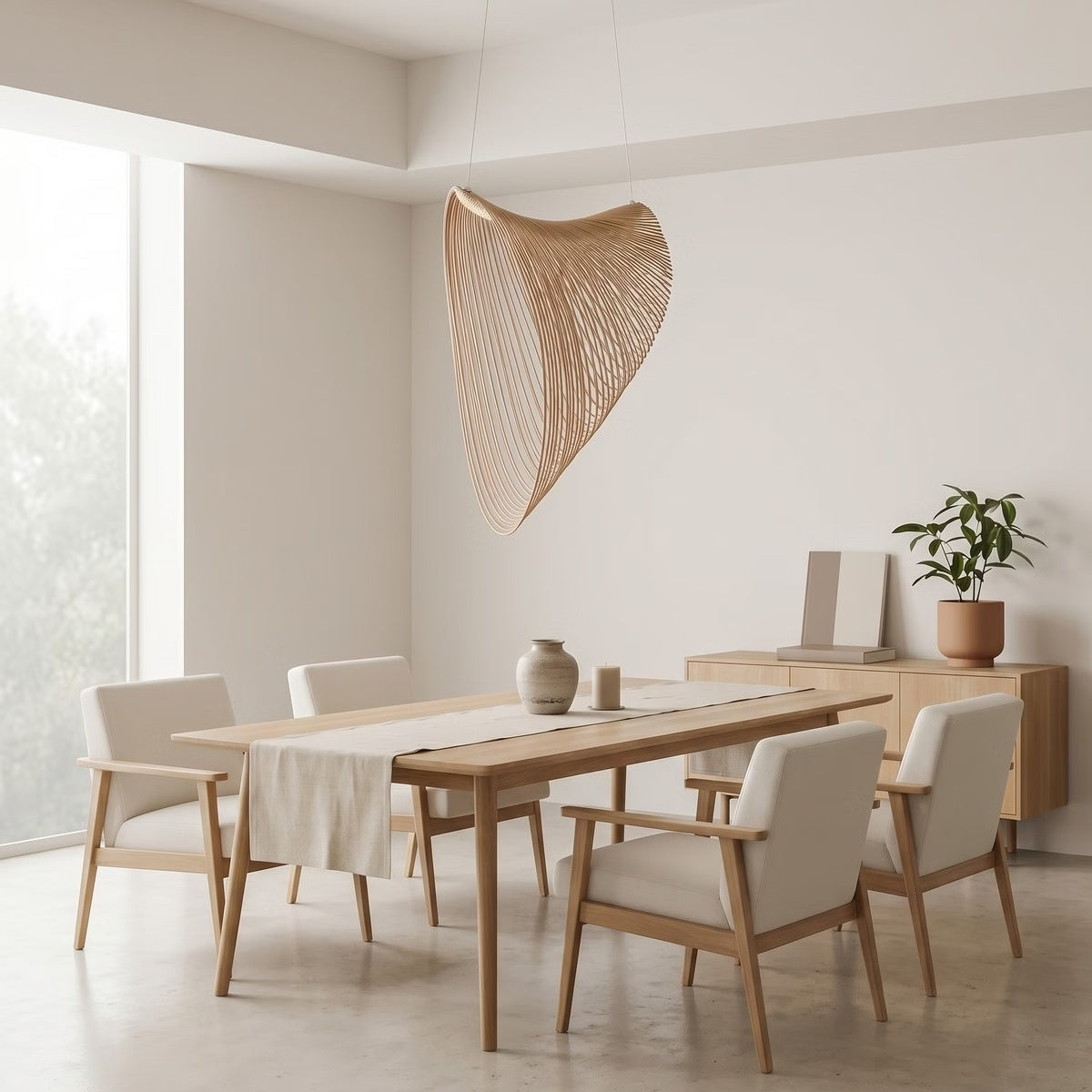 Wren sculptural pendant light in a bright Scandinavian dining room