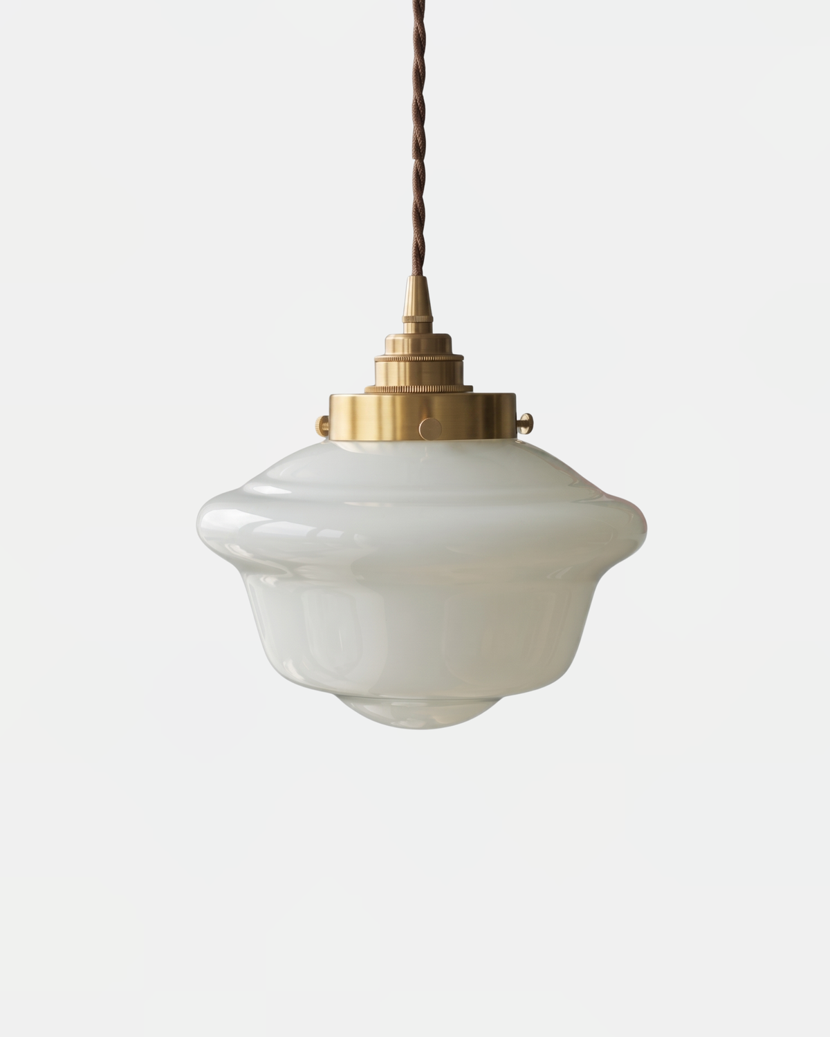 Elsie schoolhouse pendant light with milk white glass and brass fittings