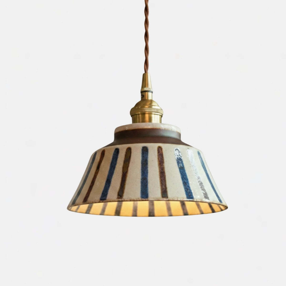 Hana hand-painted ceramic pendant light, blue and brown stripe, brass lampholder