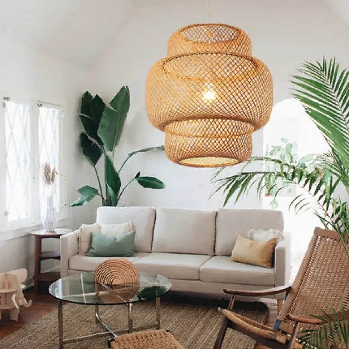 Toki bamboo lantern pendant light in a bright living room