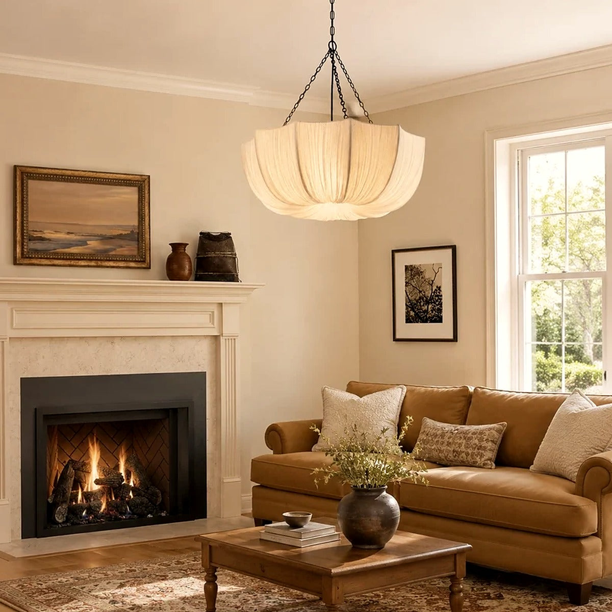 Maris pleated fabric chandelier in a living room with a fireplace