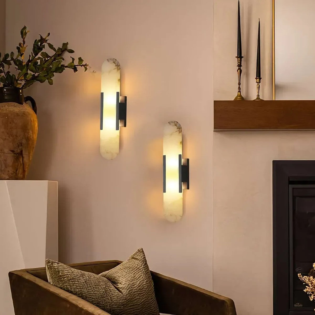 Pair of Pietra black alabaster wall lights in a lounge
