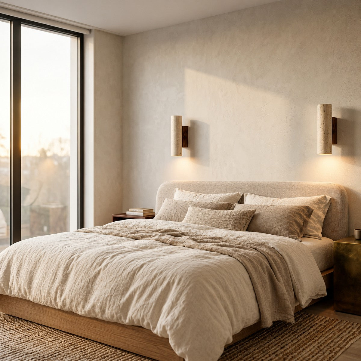 Pair of Tarra travertine wall sconces beside a bed in daylight