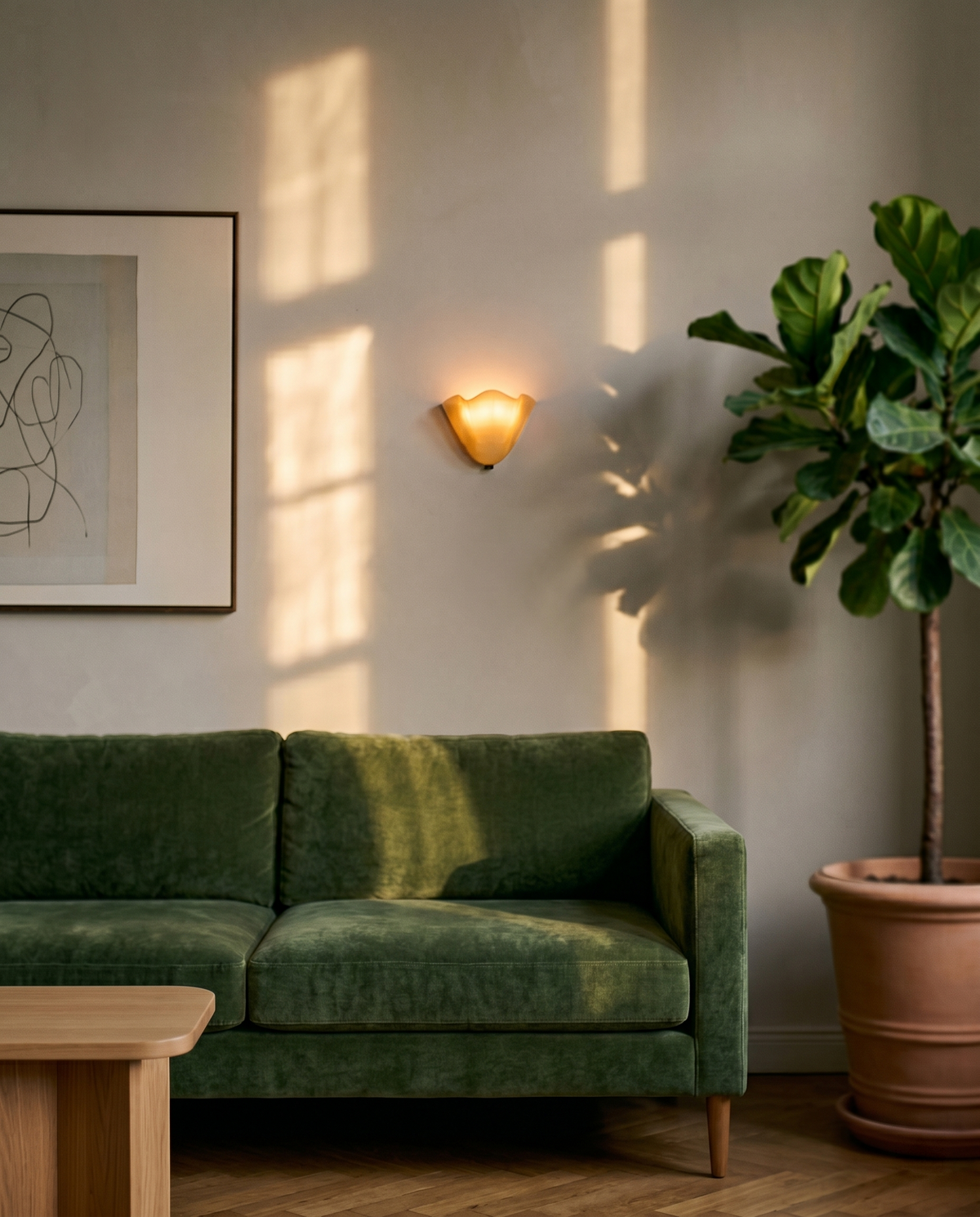 Ivory Calla ruffled glass wall light above a green sofa
