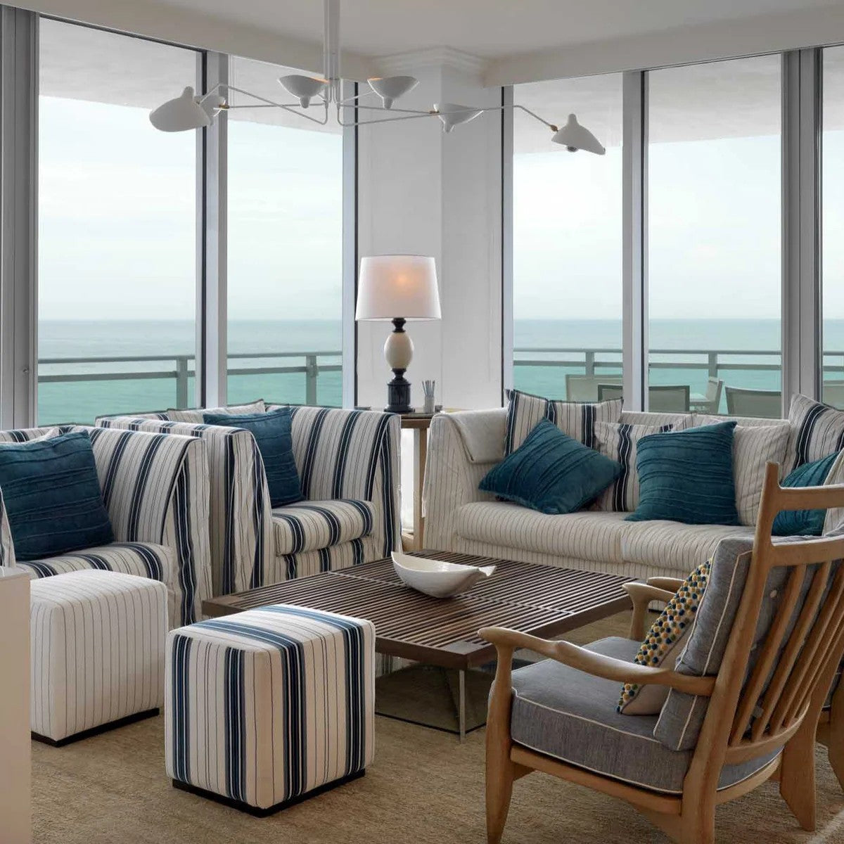 Corella 6-light white spider ceiling light in a coastal living room