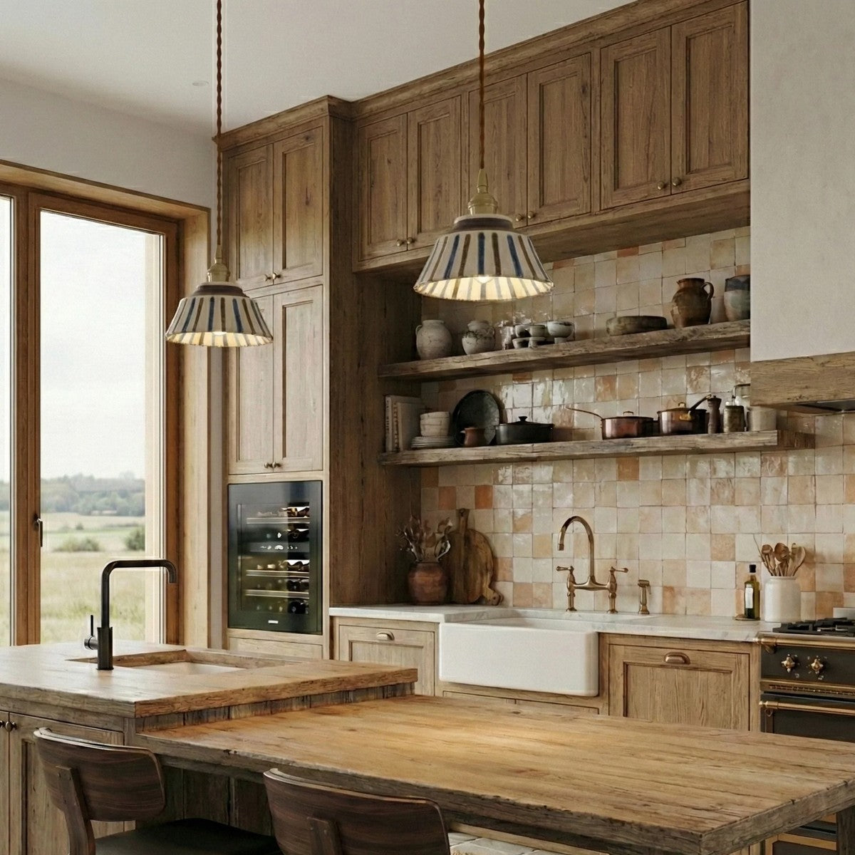 Pair of Hana striped ceramic pendant lights over a kitchen island
