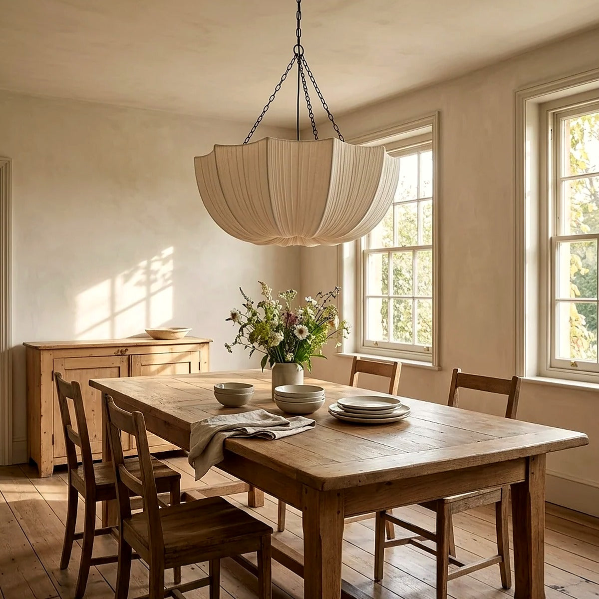 Maris fabric chandelier pendant in a sunlit dining room