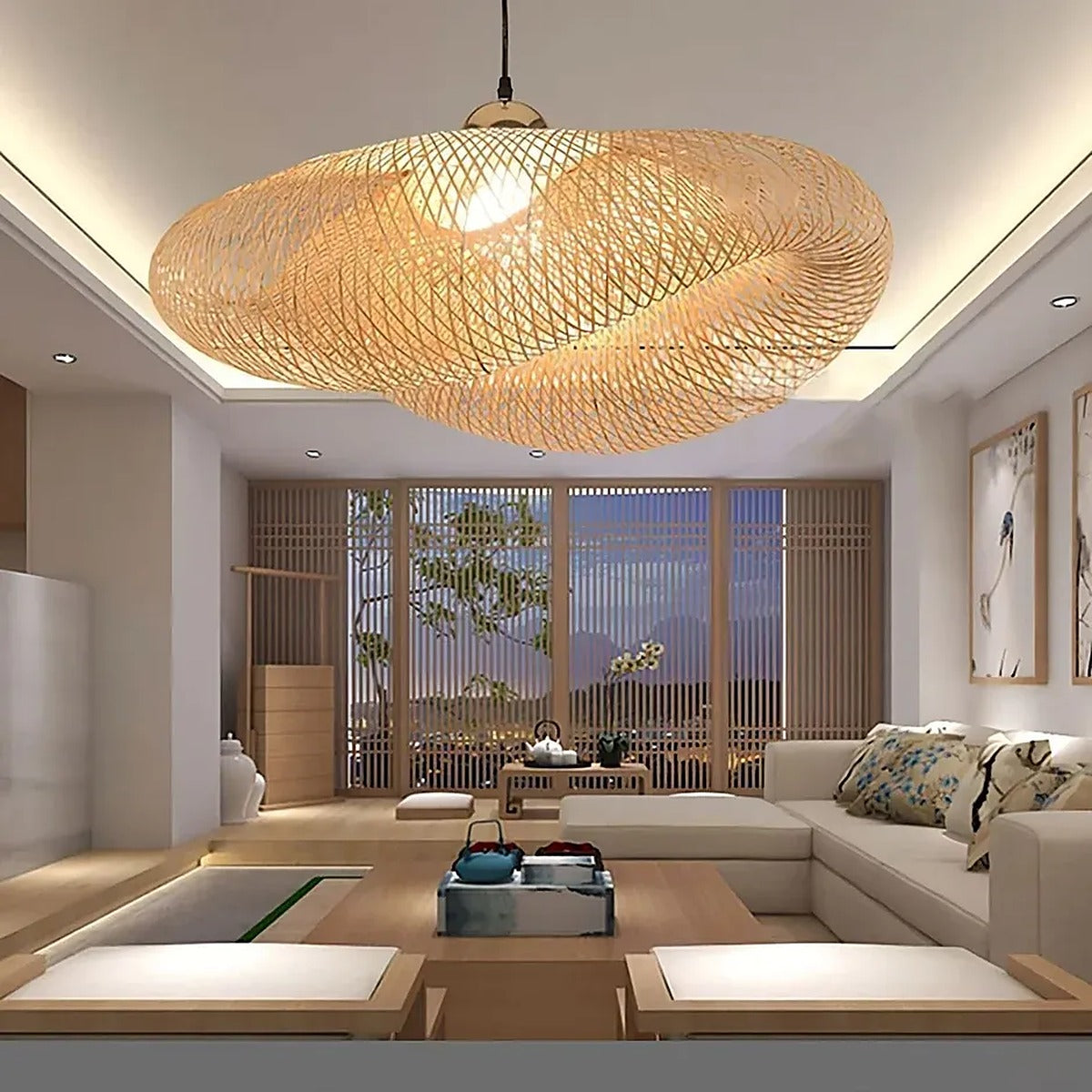 Nami woven bamboo wave pendant light in a modern living room