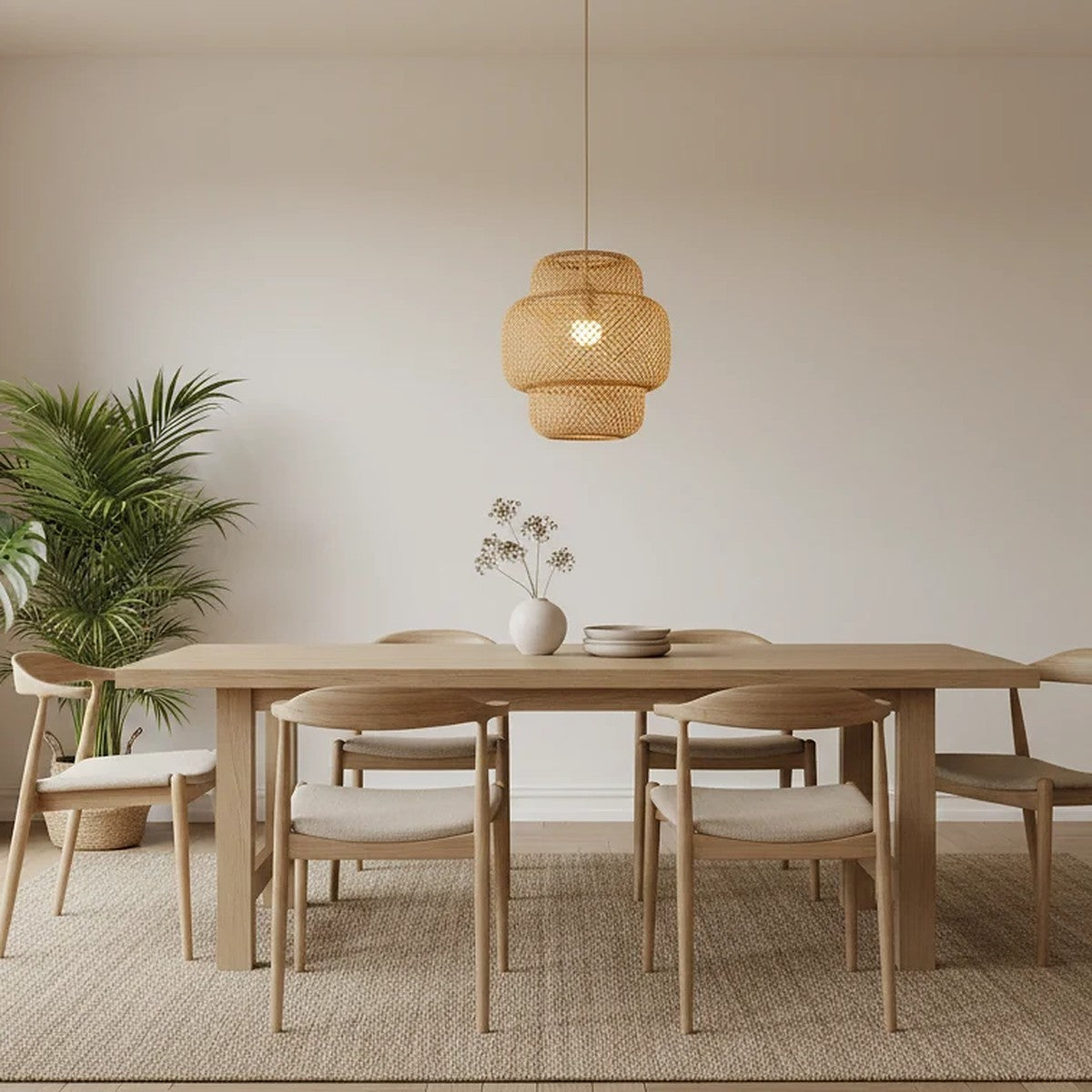 Toki bamboo pendant light over a long table in a natural interior