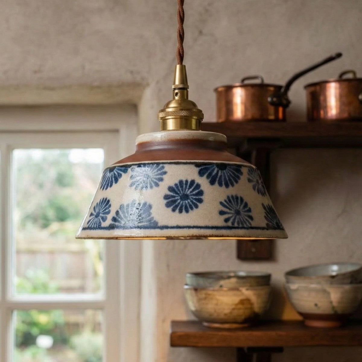 Hana blue flower ceramic pendant light in a country kitchen