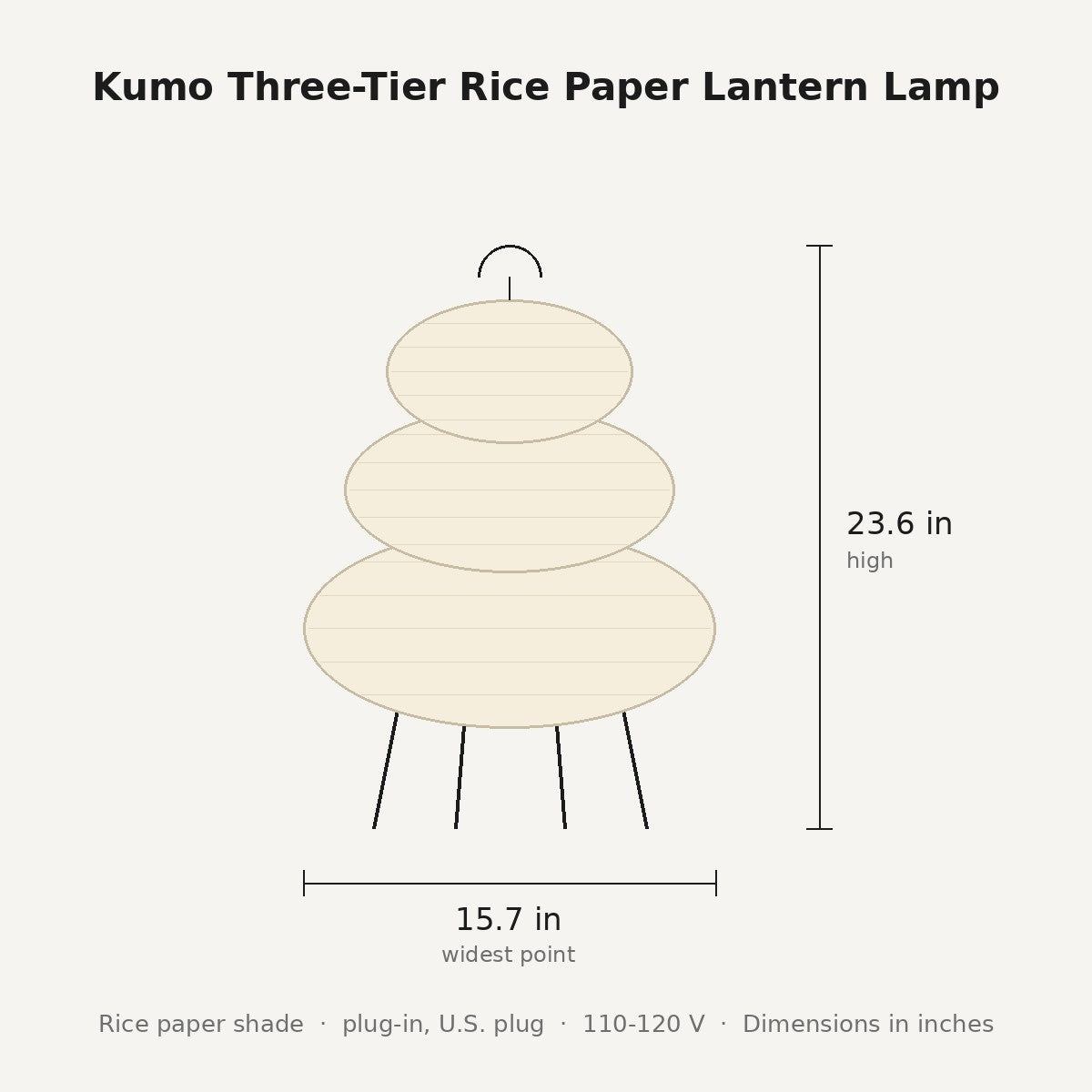Kumo rice paper lantern lamp dimensions in inches: 23.6 in high, 15.7 in wide