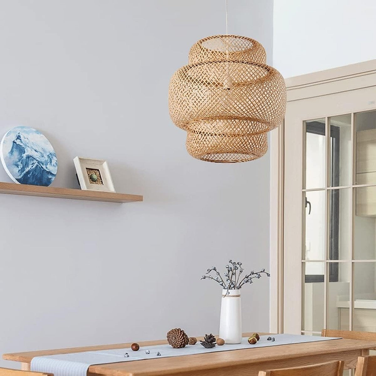 Toki three-tier bamboo pendant light in a minimal dining space