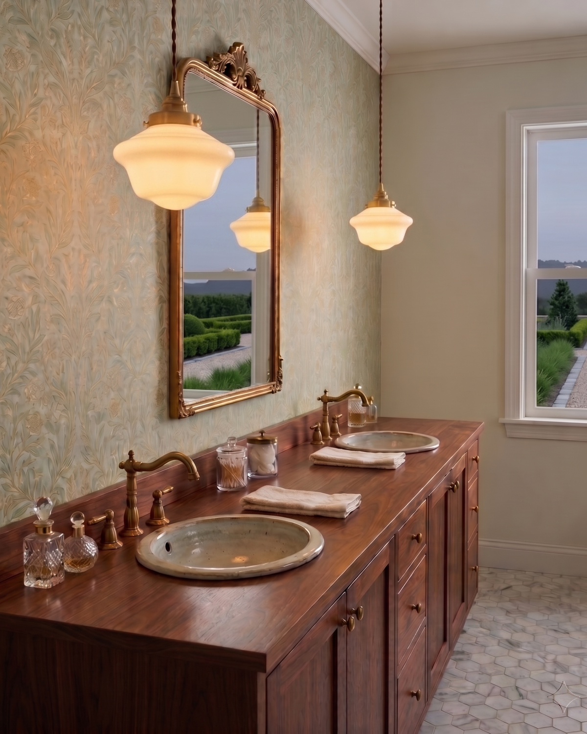 Elsie schoolhouse pendant lights in a vintage bathroom