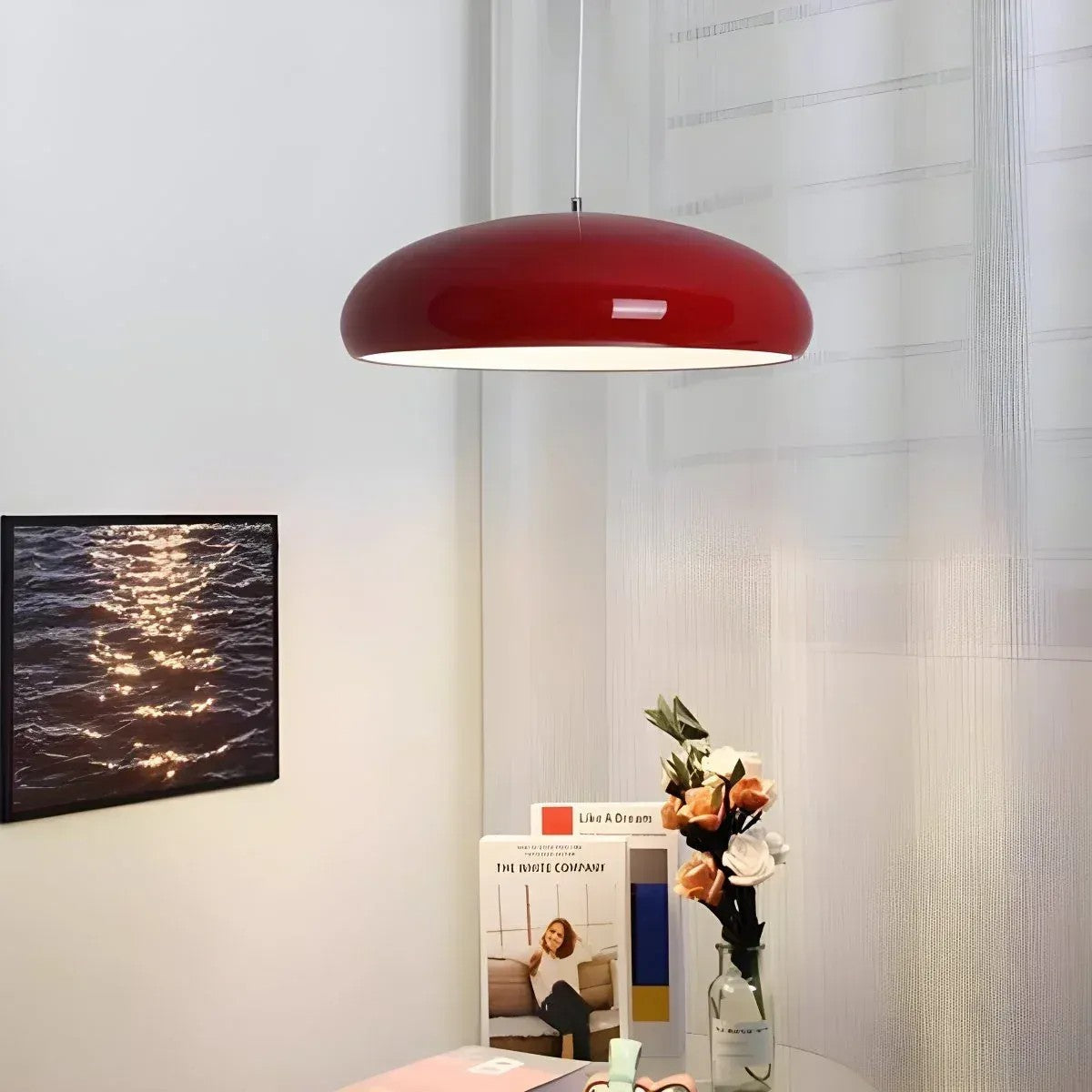 Wine red Lola glossy dome pendant light in a living room