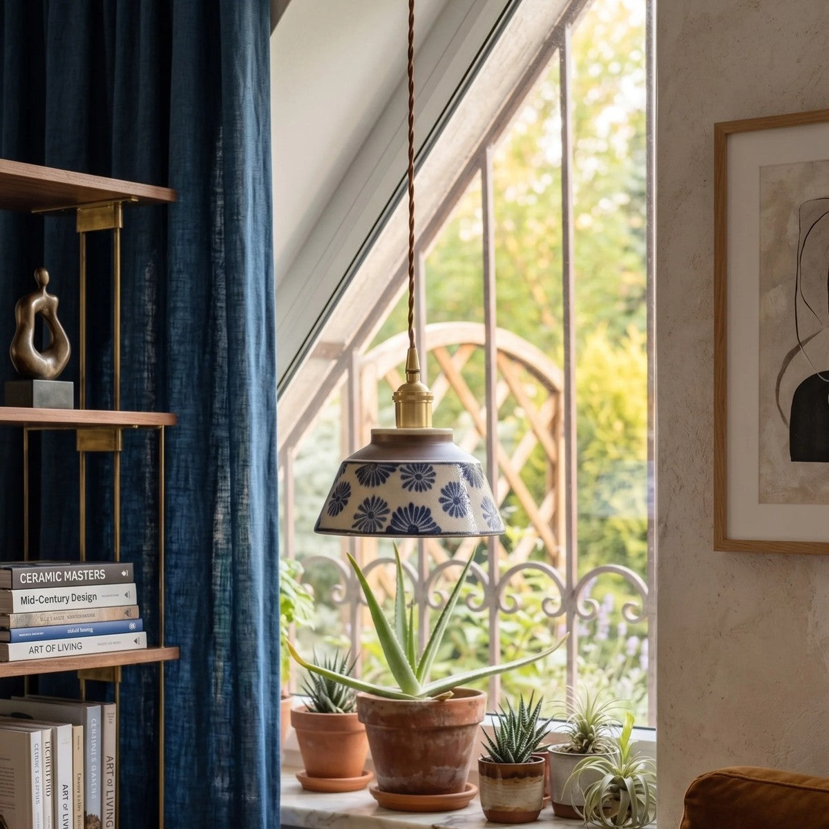 Hana blue flower ceramic pendant light over a reading nook by a window