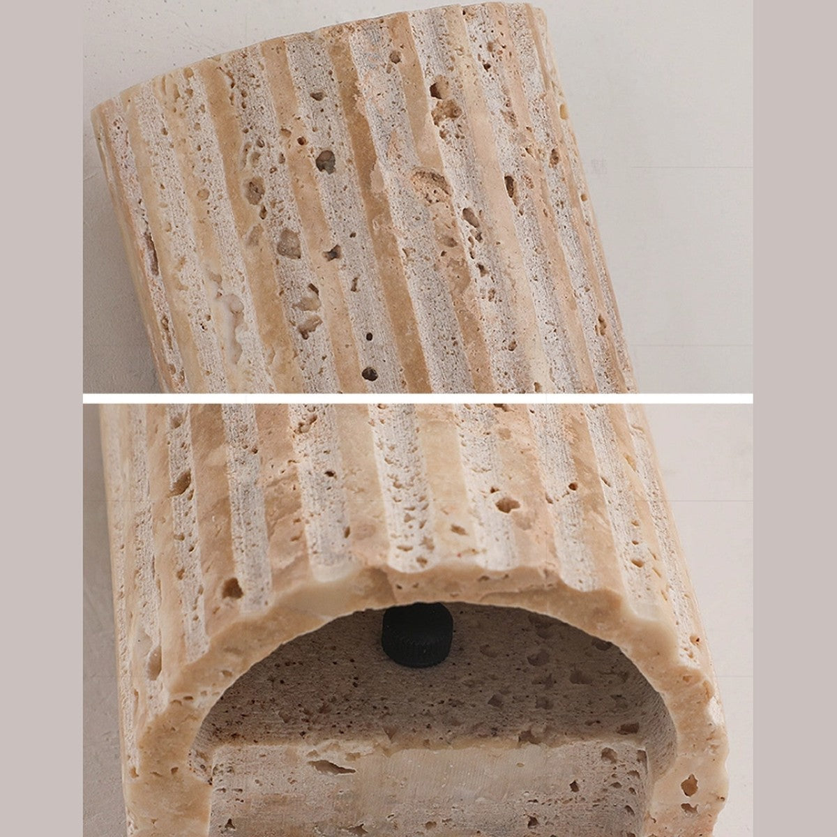 Detail of the fluted natural travertine texture of the Talia sconce