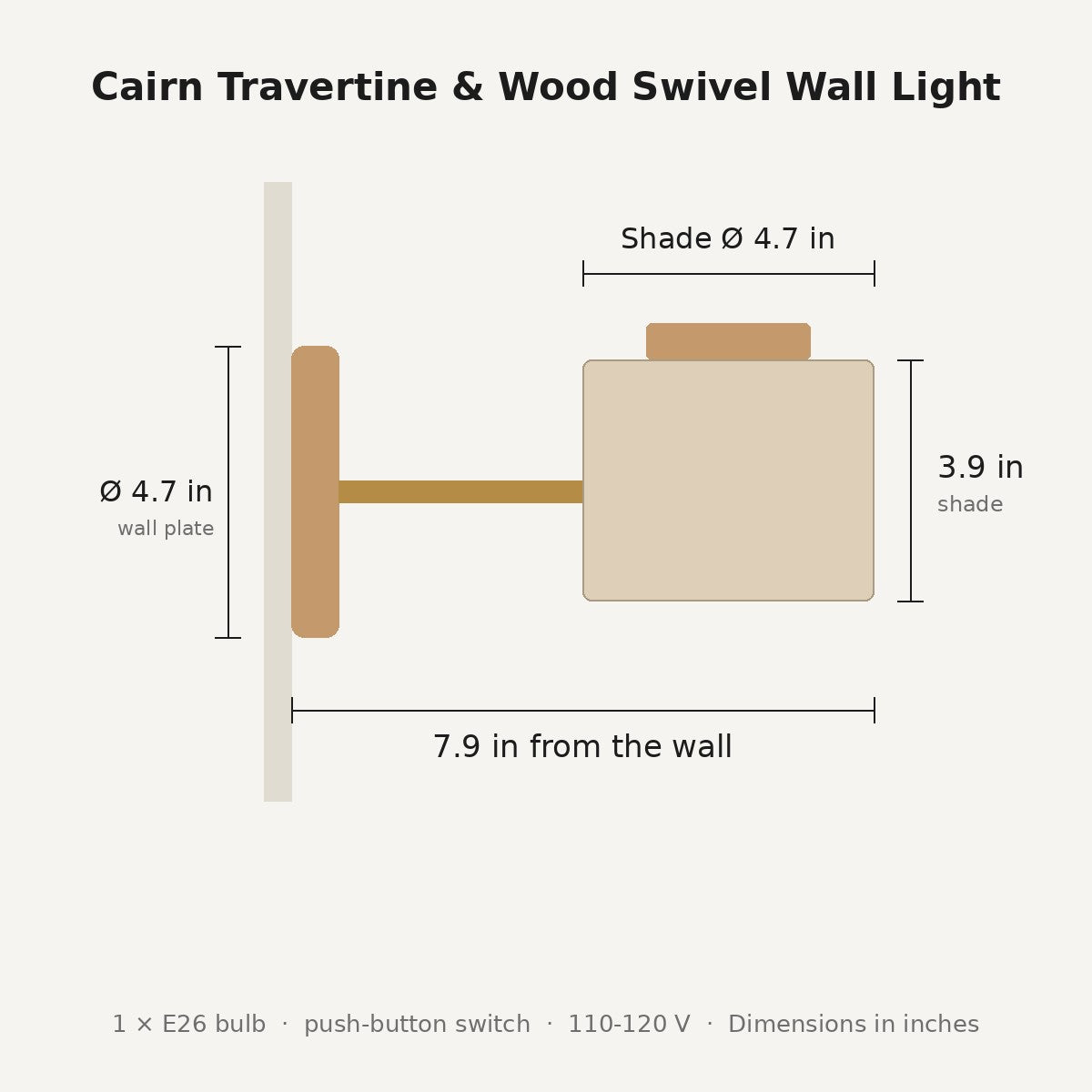 Cairn wall sconce dimensions in inches: wall plate 4.7 in, shade 4.7 x 3.9 in, 7.9 in from the wall