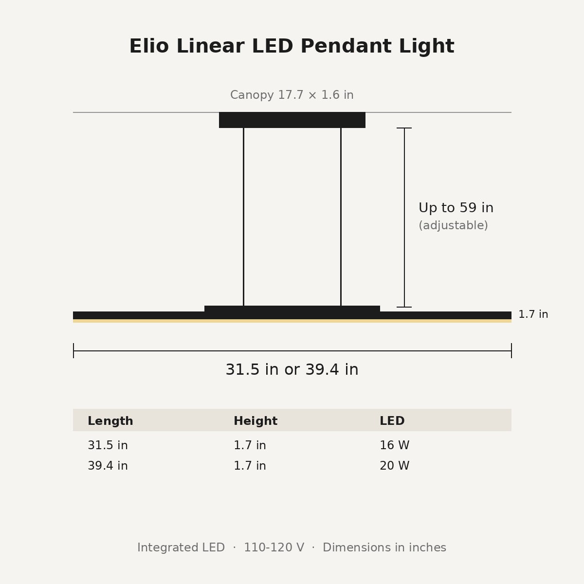 Elio linear LED pendant light dimensions in inches: 31.5 or 39.4 in long, 1.7 in high, wires up to 59 in