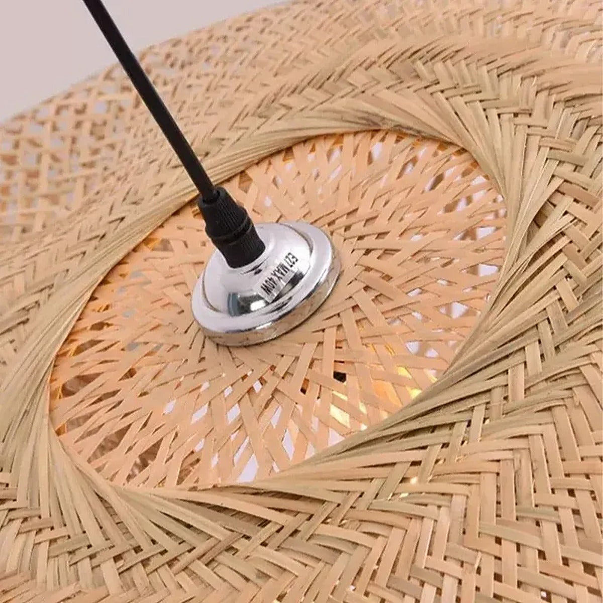 Detail of the hand-woven bamboo lattice and ceiling fitting on the Nami pendant