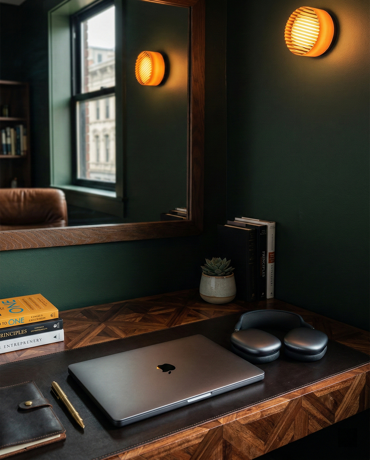 Amber ribbed Orla wall light above a desk in a home office