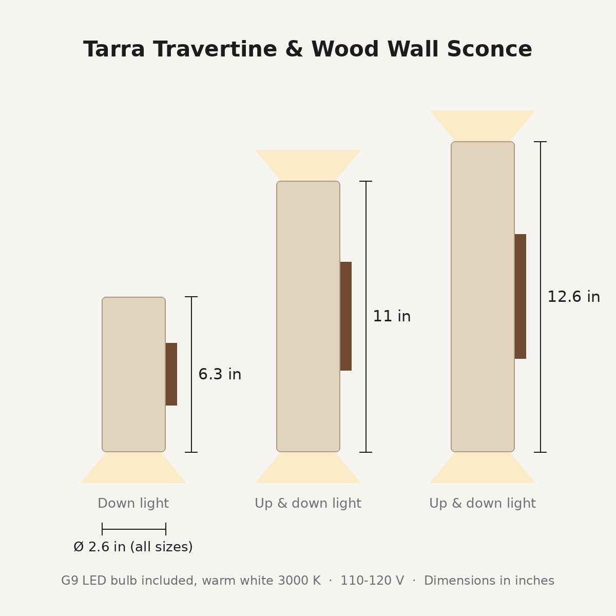 Tarra wall sconce dimensions in inches: 6.3, 11 or 12.6 in high, 2.6 in diameter