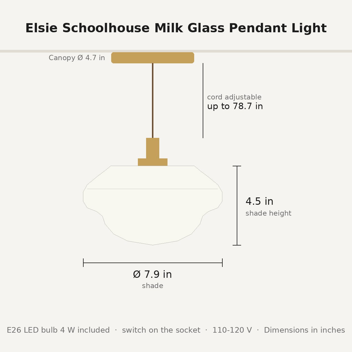 Elsie pendant light dimensions in inches: shade 7.9 in diameter, 4.5 in high, cord up to 78.7 in