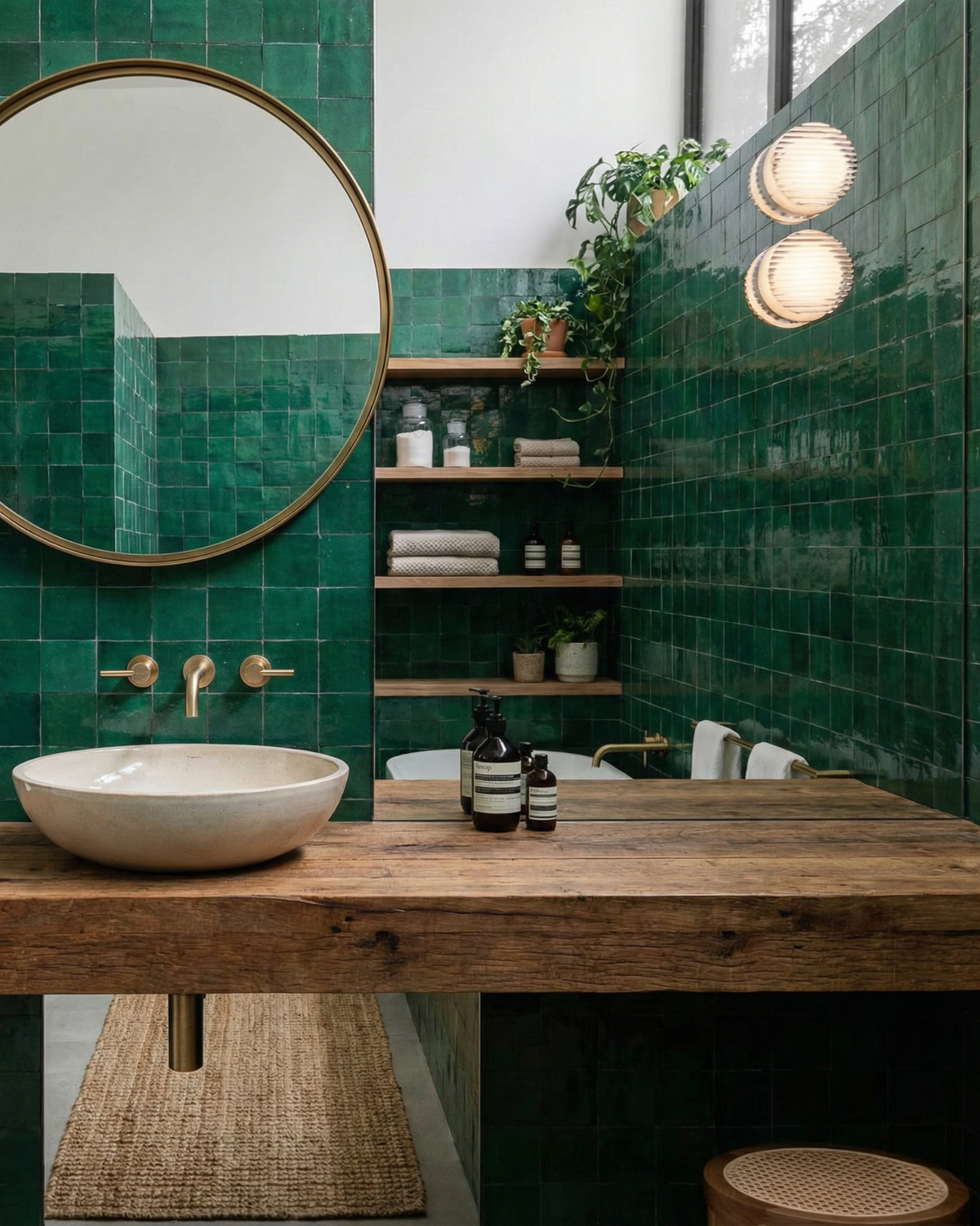 White ripple Orla wall lights in a green tiled bathroom