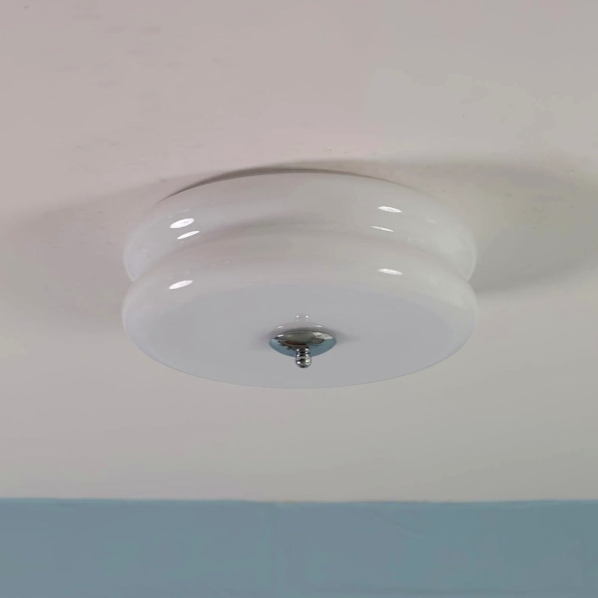 Margot flush mount ceiling light, white glass with chrome finial