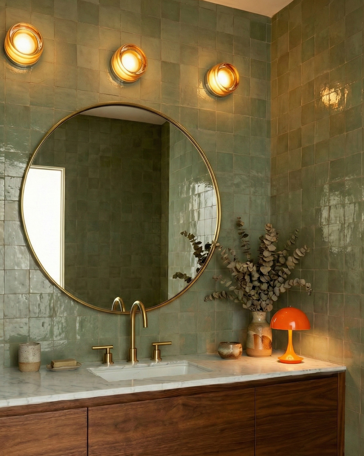 Row of Orla wall lights above a round bathroom mirror