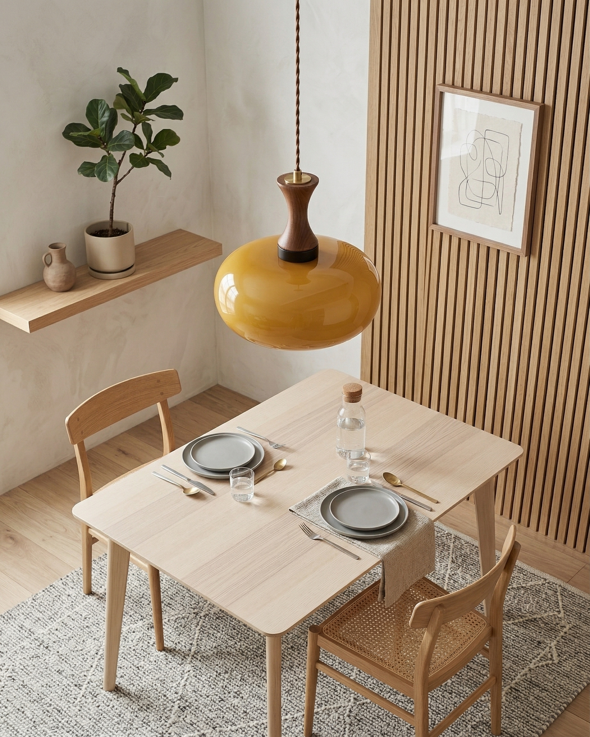 Ovia amber saucer pendant over a small dining table