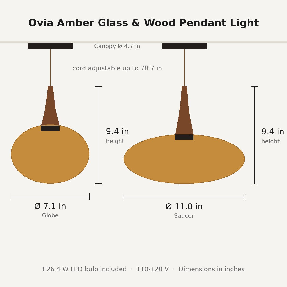 Ovia pendant dimensions in inches: globe 7.1 in or saucer 11 in wide, 9.4 in high