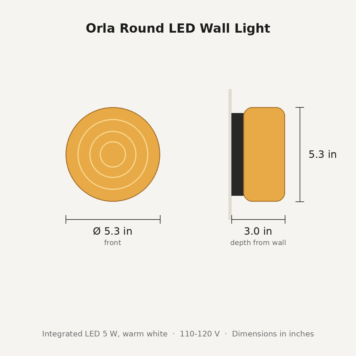 Orla wall light dimensions in inches: 5.3 in diameter, 3.0 in deep