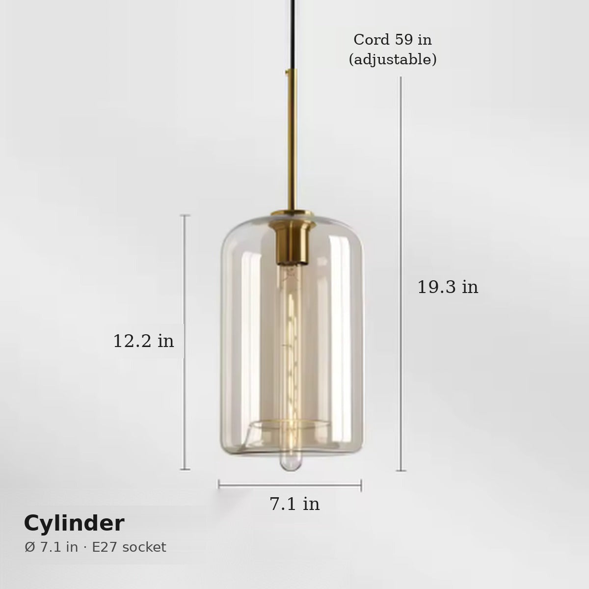Ambra cylinder pendant dimensions in inches: 7.1 in wide, 12.2 in glass height, 19.3 in overall