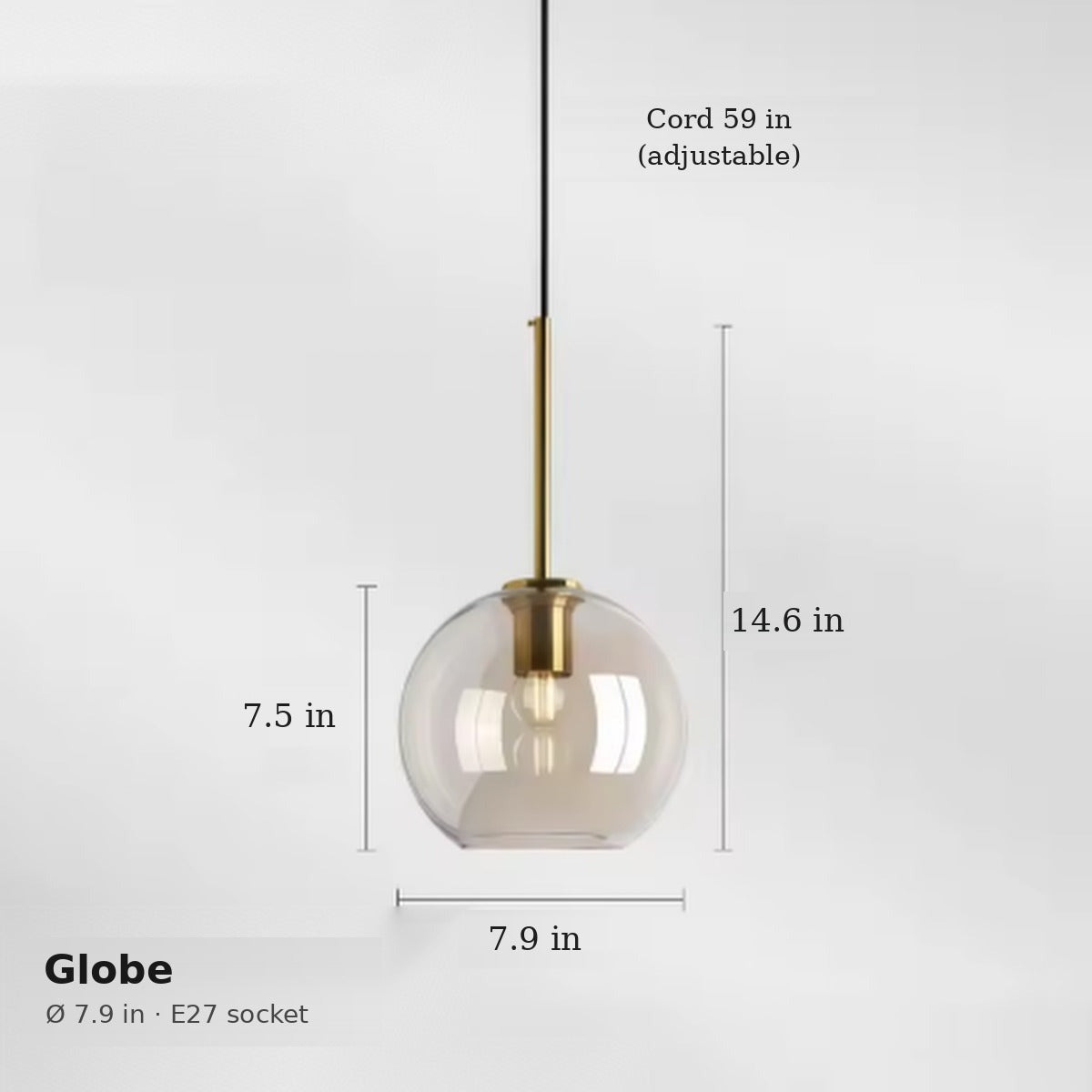 Ambra globe pendant dimensions in inches: 7.9 in wide, 7.5 in glass height, 14.6 in overall