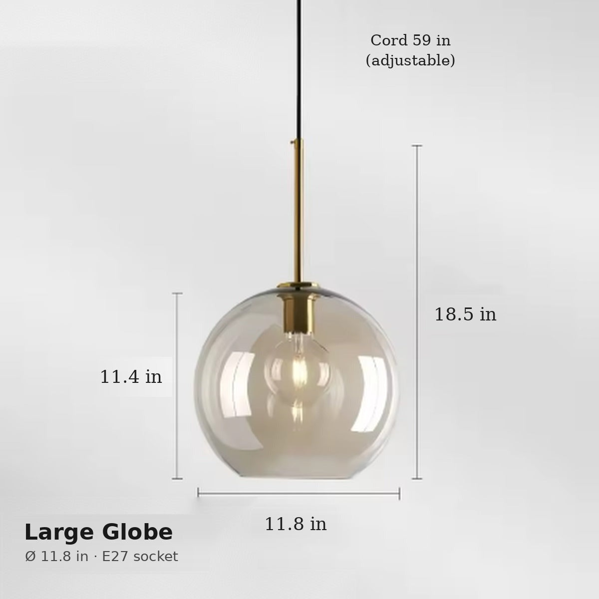 Ambra large globe pendant dimensions in inches: 11.8 in wide, 11.4 in glass height, 18.5 in overall