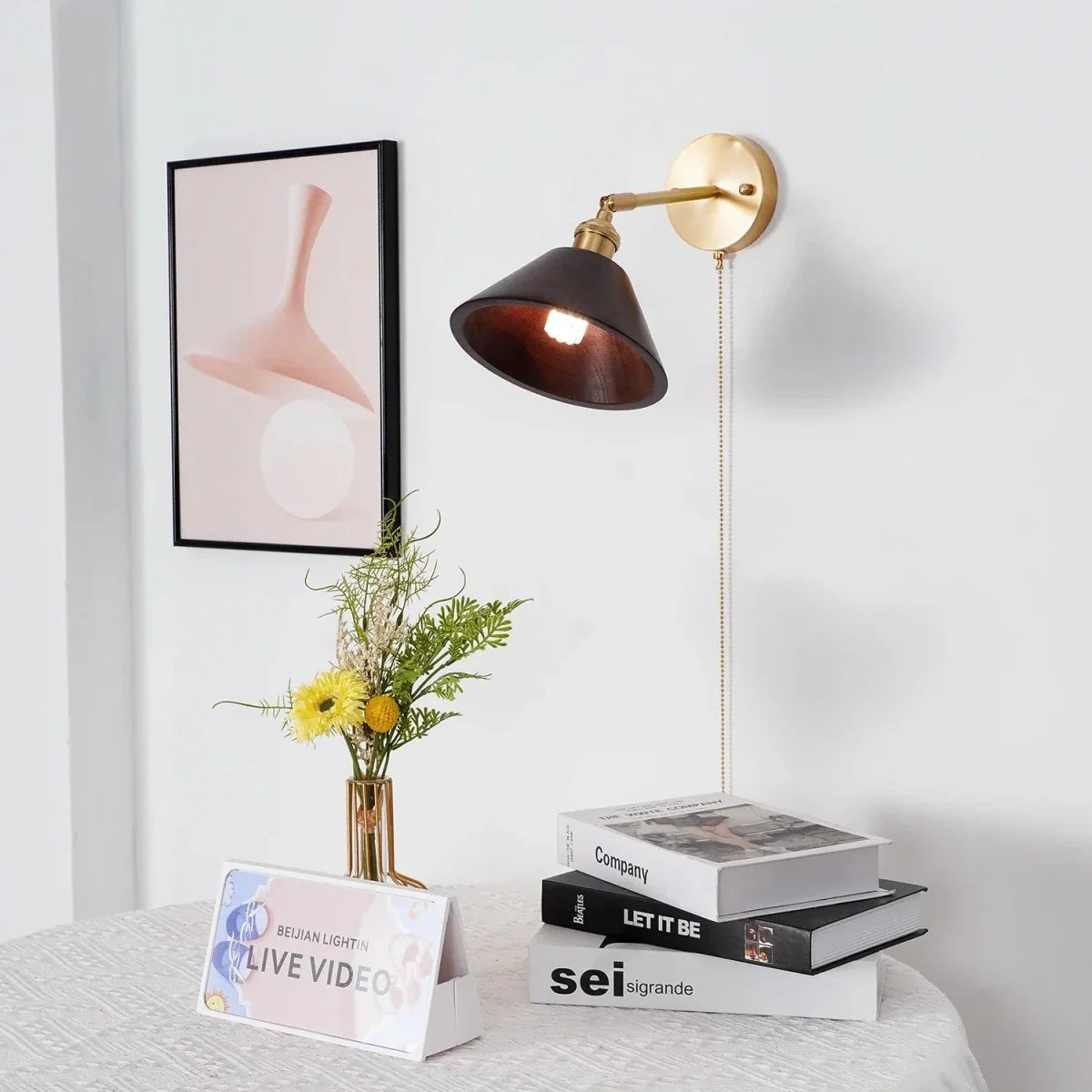 Walnut Wood Cone & Brass Arm Wall Sconce — Edison Vintage Style | CHAPEAU™