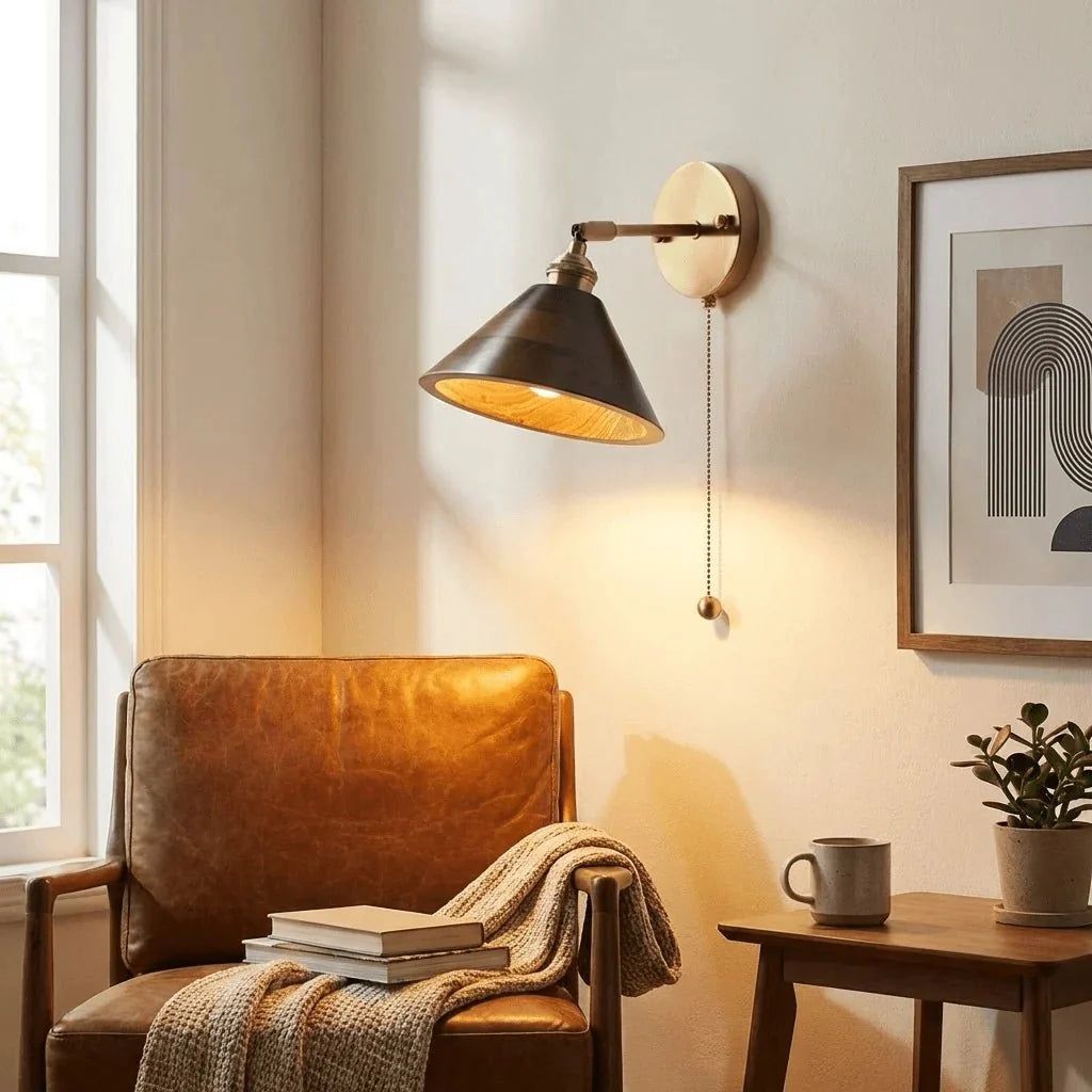 Walnut Wood Cone & Brass Arm Wall Sconce — Edison Vintage Style | CHAPEAU™