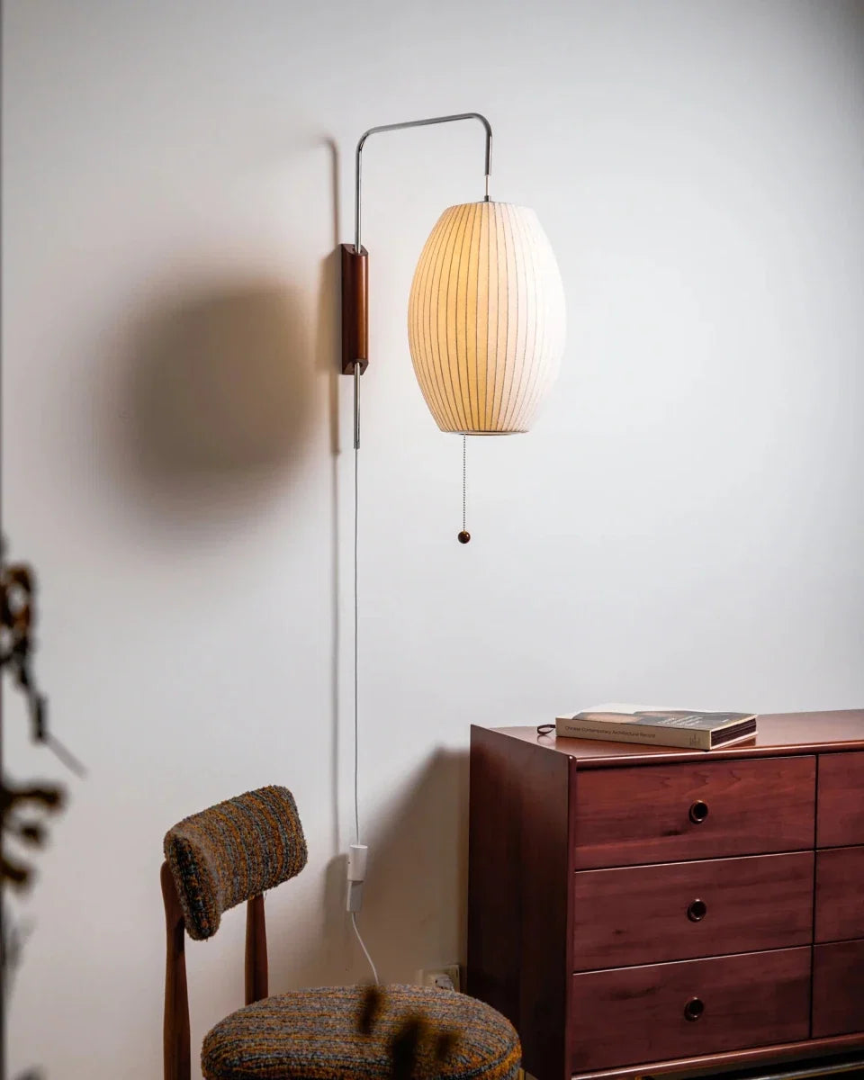 Woven Silk & Wood Arm Wall Sconce — Japandi Style | SOIE™