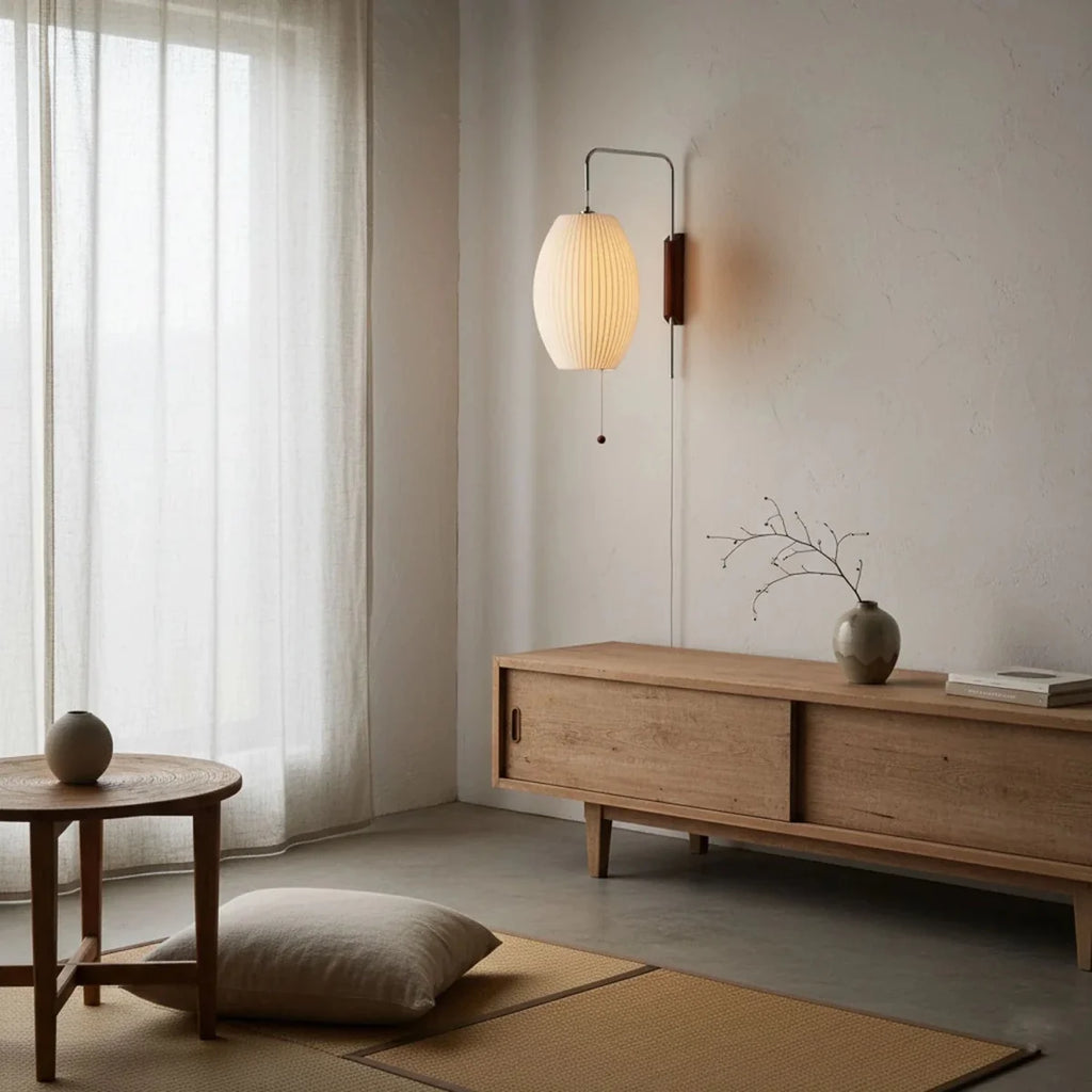 Woven Silk & Wood Arm Wall Sconce — Japandi Style | SOIE™