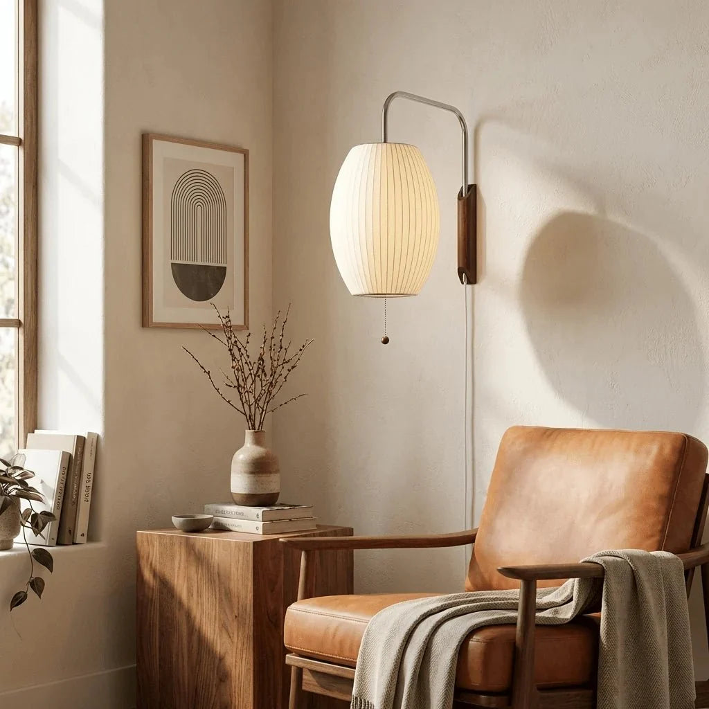 Woven Silk & Wood Arm Wall Sconce — Japandi Style | SOIE™