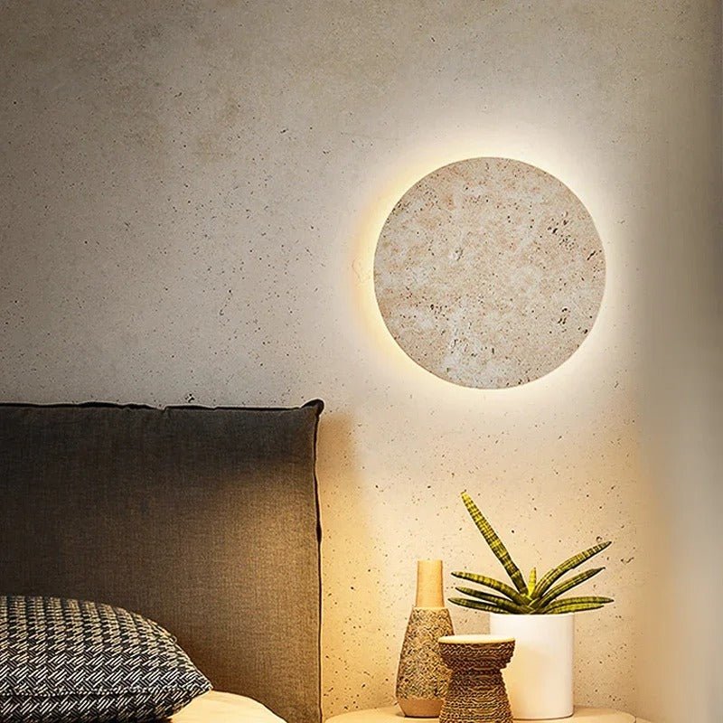 Natural Travertine Disc Wall Sconce — Wabi-Sabi Style | HALO™