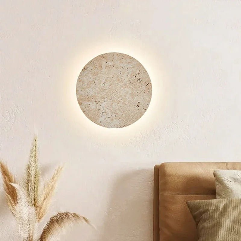 Natural Travertine Disc Wall Sconce — Wabi-Sabi Style | HALO™
